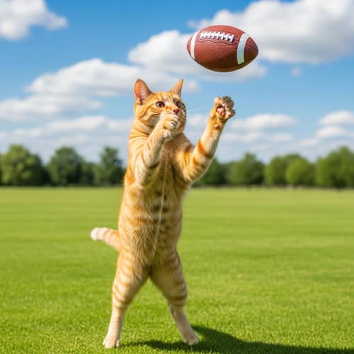 Excited Orange Tabby Cat Playing Football on Grass Field