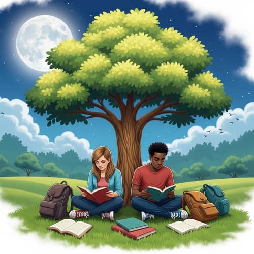 Serene Student Study Scene Under the Big Moon