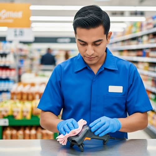 Hispanic Supermarket Employee Cleaning Barcode Scanner with Focus