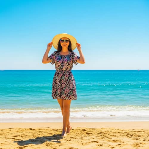 Stylish Summer Beach Scene | Floral Dress & Sun-Hat Fashion