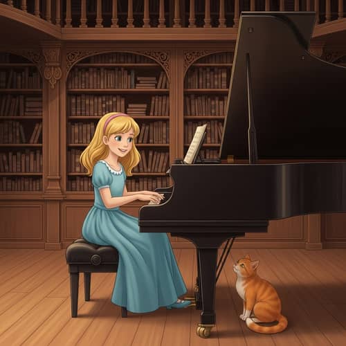 Seven-Year-Old Princess Playing Grand Piano with Orange Cat in Baroque-Inspired Fantasy Library