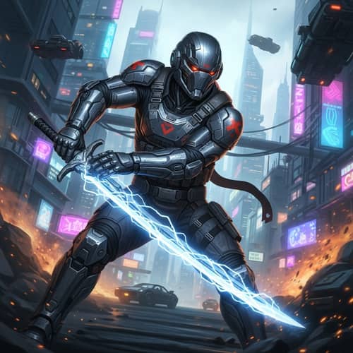 Futuristic Cyborg Soldier with Electric Sword | Dystopian Cityscape