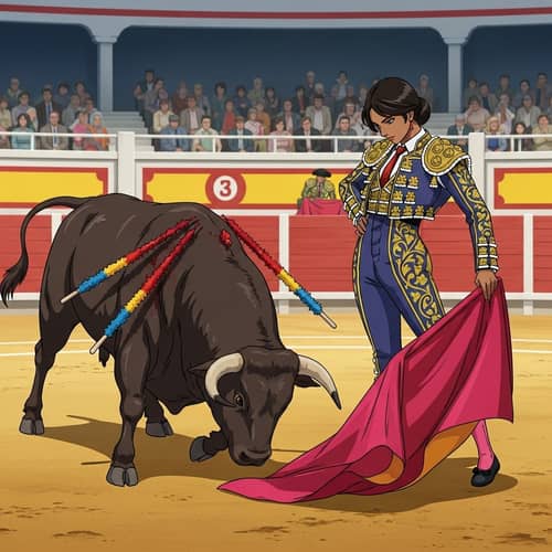 Female Matador Engages Gracefully in Bullfighting Arena