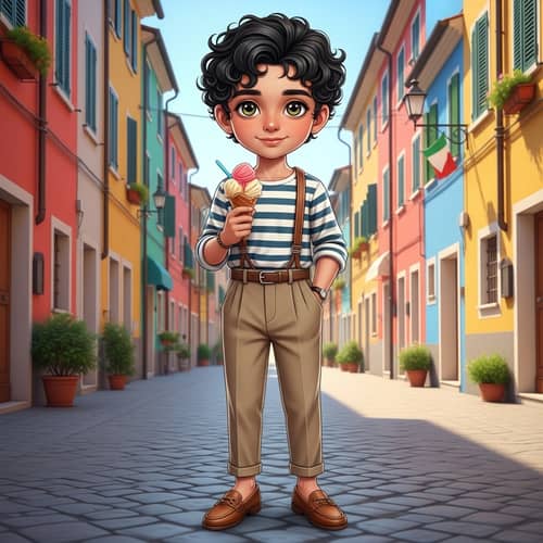 Italian Boy Illustration: Stylish Outfit & Gelato Scoop