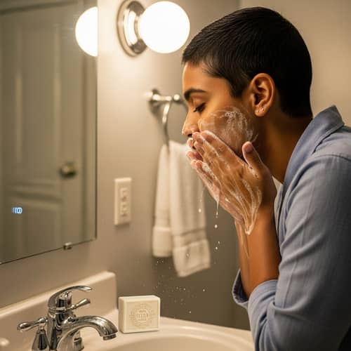 Refreshing Skin Care Routine in Bathroom with South Asian Person