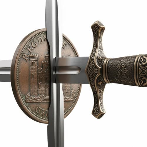 Ancient Castle Engraved Copper Coin with Gleaming Sword