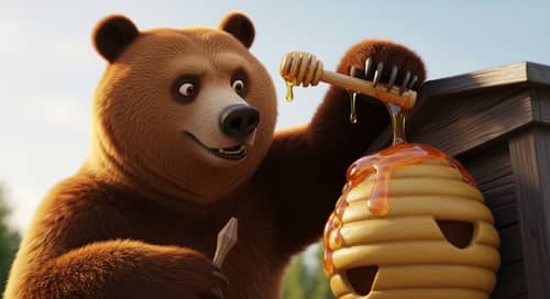 Mischievous Brown Bear Stealing Honey | Vibrant Cell Shading Artwork