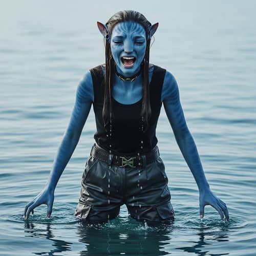 Emotional Distress of Blue-Skinned Teenage Girl in Water