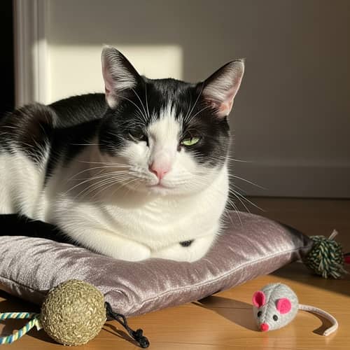 Midnight Black and White Domestic Cat on Plush Velvet Cushion