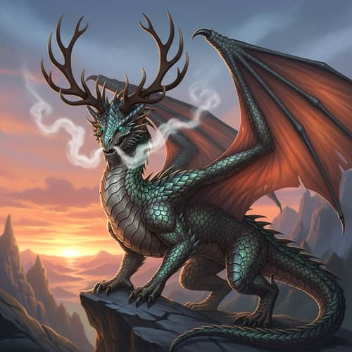 Dragon with Deer Antlers - Mythical Creature Illustration