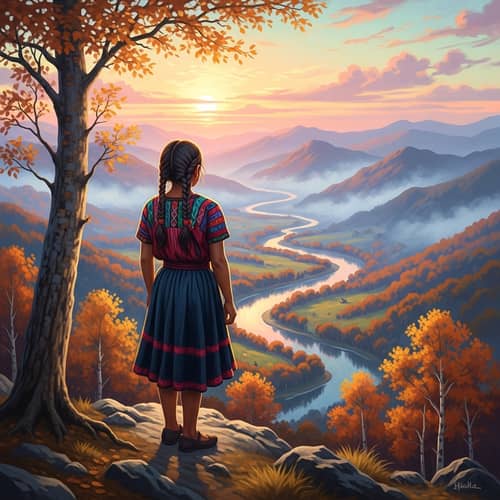 Hispanic Girl in Majestic Mountain Landscape - Impressionist Painting