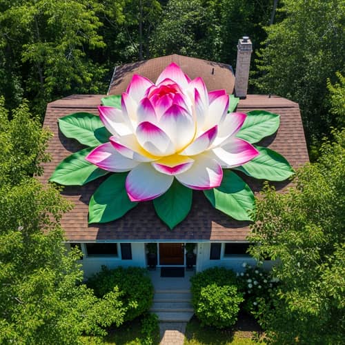 Vibrant Lotus Flower on House Roof | Serene Scene