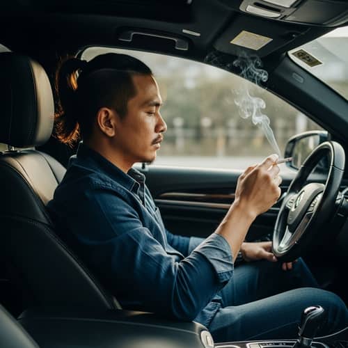 Filipino Man with Ponytail Smoking in Car - Luxury Setting