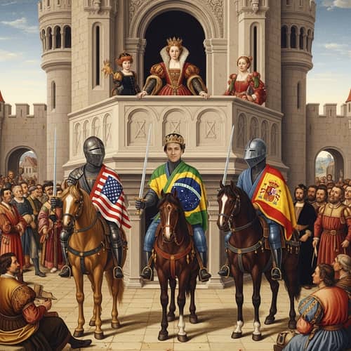 Renaissance Painting of Queen, Knights & Crowd in Castle Scene
