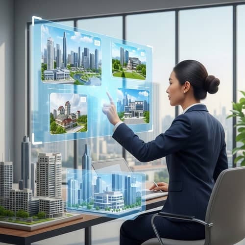 Asian Female Investor in Futuristic Real Estate Portfolio View