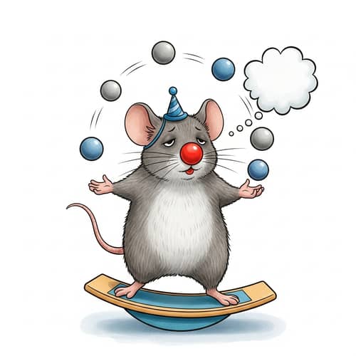 Adorable Mouse Juggling Thoughts on Balance Board