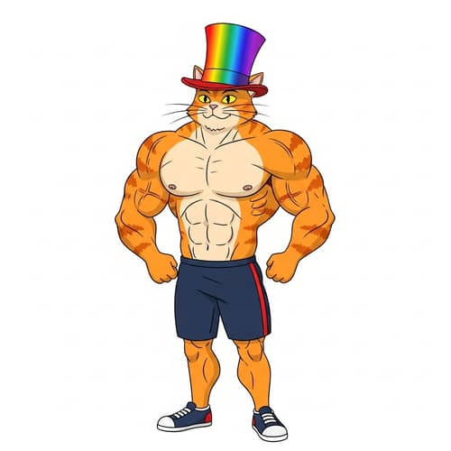 Muscular Orange Cat in Rainbow Top Hat