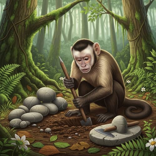 Forest Monkey Using Primitive Tools in Labor