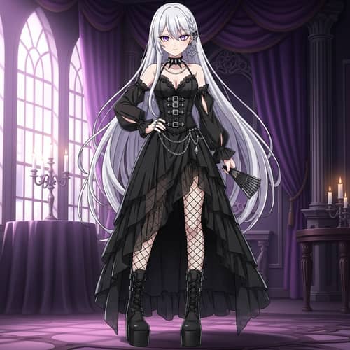 Anime-Style Female Character with Long White Hair and Purple Eyes