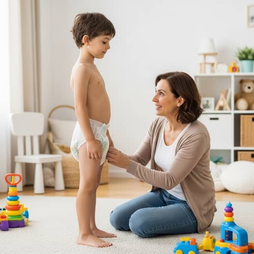 Autistic 7-Year-Old Boy in Diaper with Mother