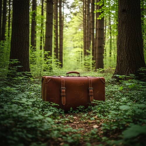 Weathered Brown Leather Suitcase in Lush Forest Setting