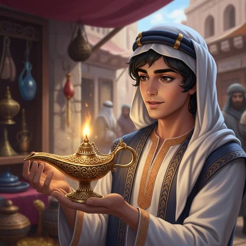 Young Middle Eastern Man Holding Ancient Intricately Designed Oil Lamp