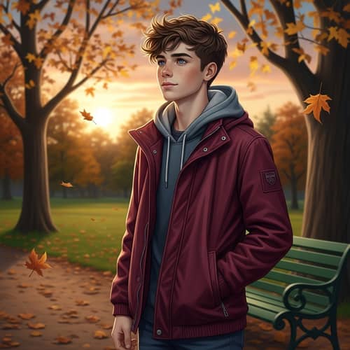 British Teenager Boy in Autumn Park at Sunset