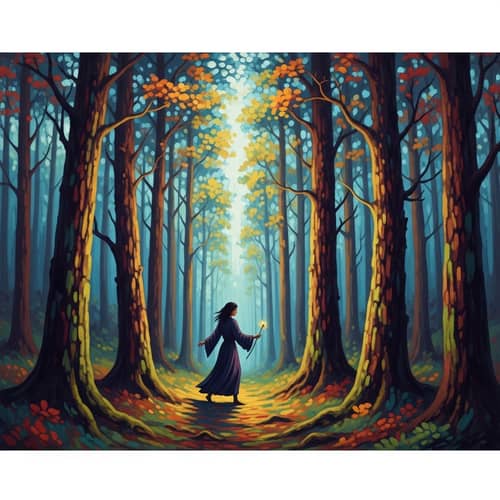 Mysterious Figure in Vibrant Forest - Enchanting Fantasy Scene