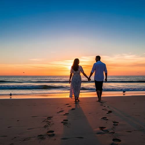 Tranquil Sunset Silhouette of Diverse Couple on Beach