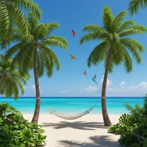 Tropical Paradise: Serene Sea, Palm Trees, Wildlife & Hammock