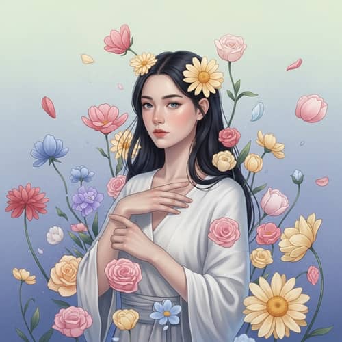 Surreal Portrait Surrounded by Floating Flowers in Pastel Hues