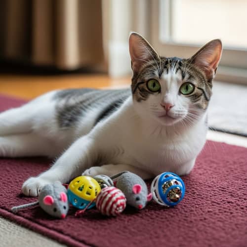 Adorable Domestic Short-Haired Cat lounging on Maroon Rug