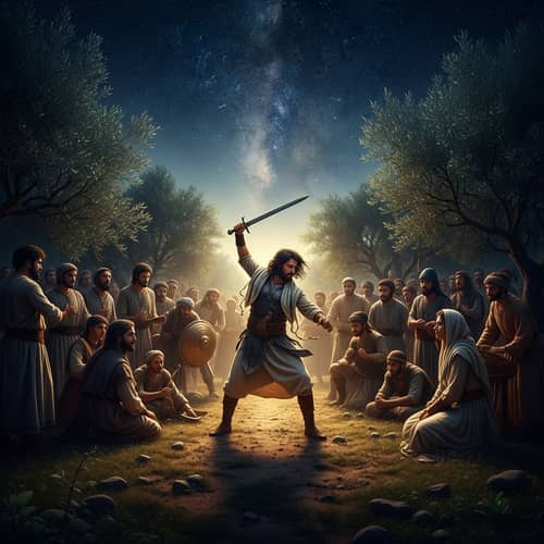 Ancient Scene in Israel Olive Grove | Sword-Wielding Man