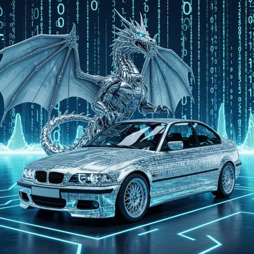 Silver Cyborg Dragon Protecting Silver BMW 320i in Cyberspace