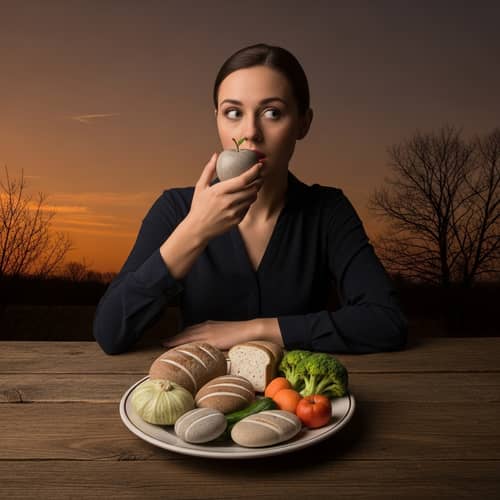 Surreal Woman Eating Stones - Captivating Scene