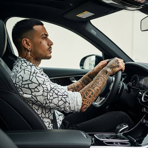 Confident Tan-Skinned Man Driving a Modern Car with Edgy Style