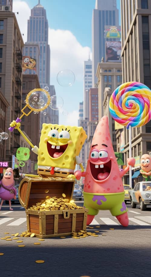 Spongebob & Patrick Make a Whimsical Entrance in a City - Hyper Real Scene