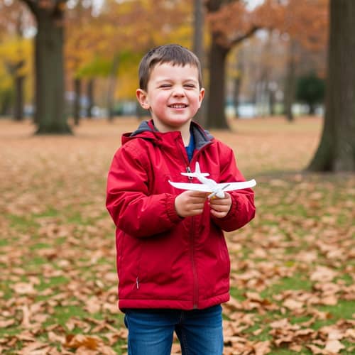 Meet Joe: Young Boy Enjoying Autumn in the Park with Toy Airplane
