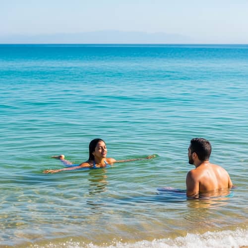 Romantic Scene: Young Woman Swimming in Ocean with Loving Guy