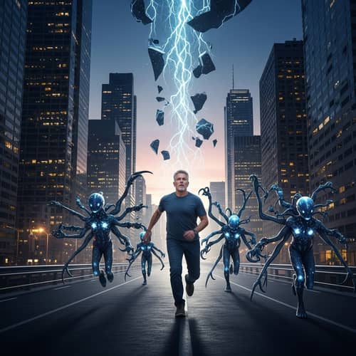 Man Running from Extraterrestrial Beings in a City at Dusk