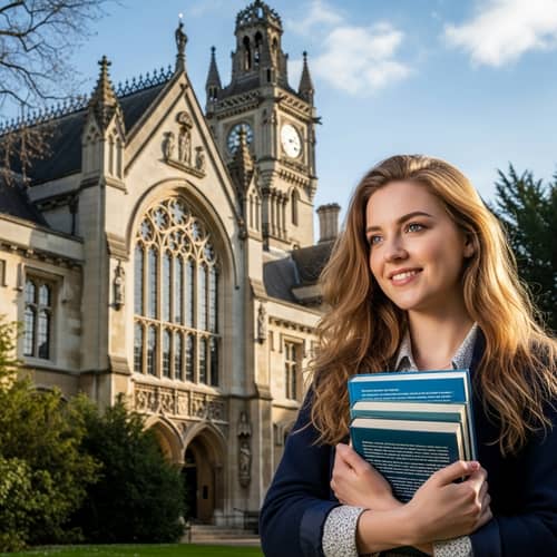 Young Woman Smiling with Books | University Building Background