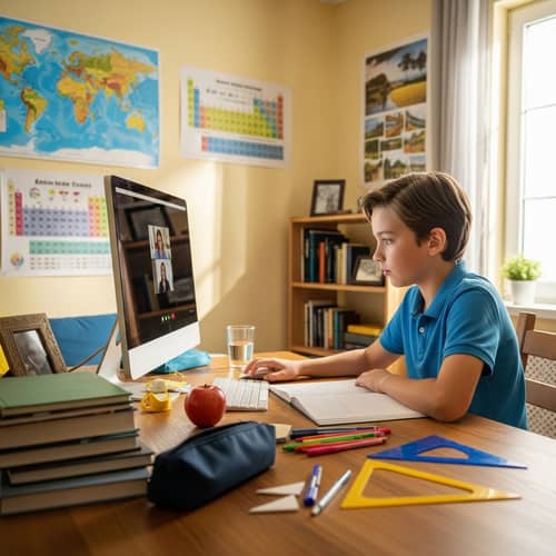 Caucasian Male Schoolboy in Engaging Online Lesson at Home