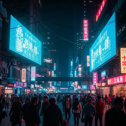 Futuristic Cyberpunk Cityscape with Neon Lights & Holographic Billboards