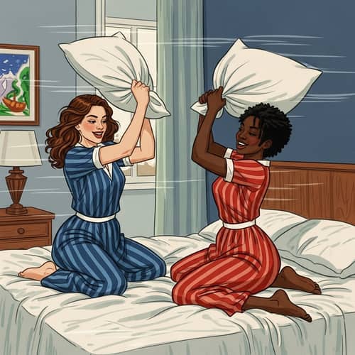 Playful Pillow Fight Between Two Women | Pop Art Style