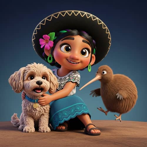 3D Animation Studio Inspired Illustration of Young Mexican Girl with Maltipoo Dog and Kiwi Bird