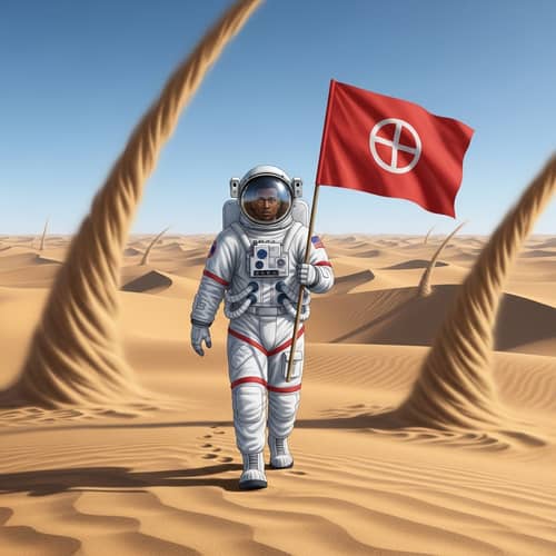 African American Astronaut in White Space Suit Conquers Sandy Desert