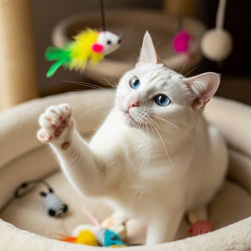 Adorable White Cat Playing with Toy Mouse | Cozy Cat Bed