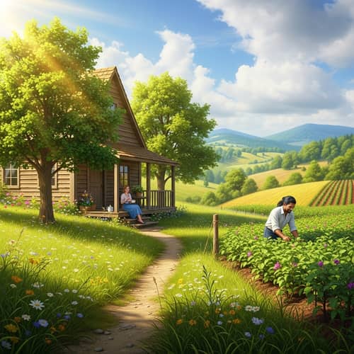 Idyllic Countryside Scene: Rustic House, Verdant Trees & Rolling Hills