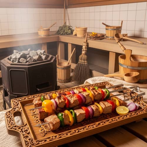 Delicious Kebabs in Traditional Russian Banya