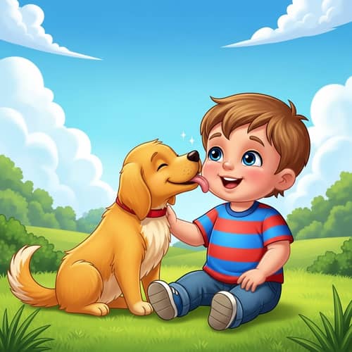 Joyful Toddler Cartoon with Golden Retriever | Heartwarming Scene